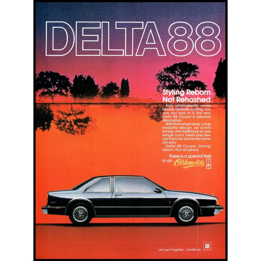 1986 Oldsmobile Delta 88 2 Door Coupe Vintage Print Ad 80s Man Cave Wall Art